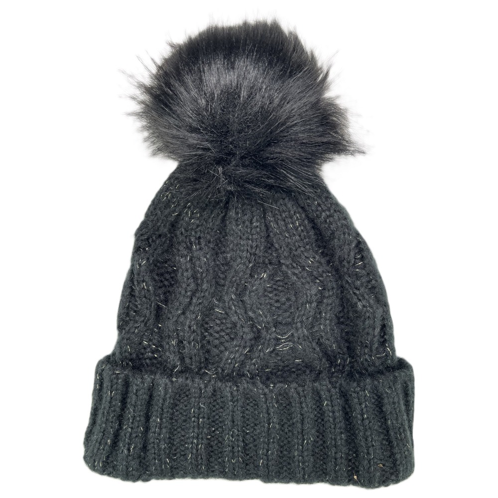 Kiltane of Scotland Black Knit Beanie Hat with Faux Fur Pom Winter Cap